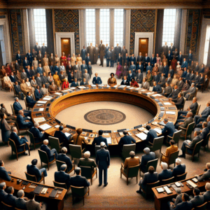 Create a realistic, visually rich DALL·E-style image of a scene from the official signing of the United Nations Charter in 1945. The image should depict a variety of delegates from around the world gathered around a large, circular table, united in purpose, to signify the hopeful start of a global partnership for peace.