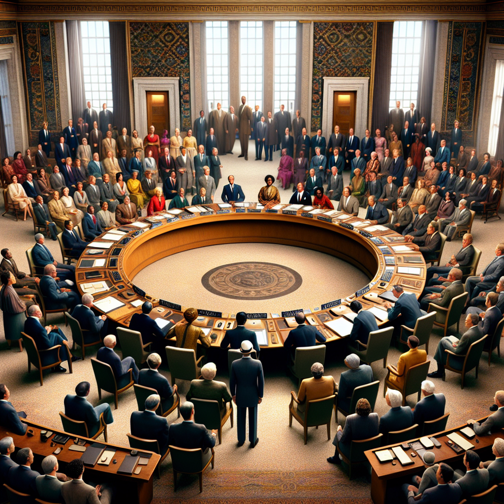 Create a realistic, visually rich DALL·E-style image of a scene from the official signing of the United Nations Charter in 1945. The image should depict a variety of delegates from around the world gathered around a large, circular table, united in purpose, to signify the hopeful start of a global partnership for peace.