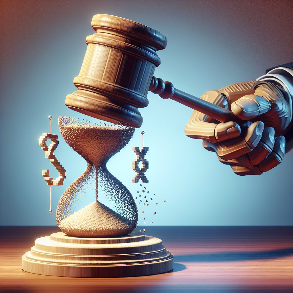 Depict a giant gavel coming down hard on a silhouette shaped like the TikTok logo, symbolising the fine imposed for data breach.