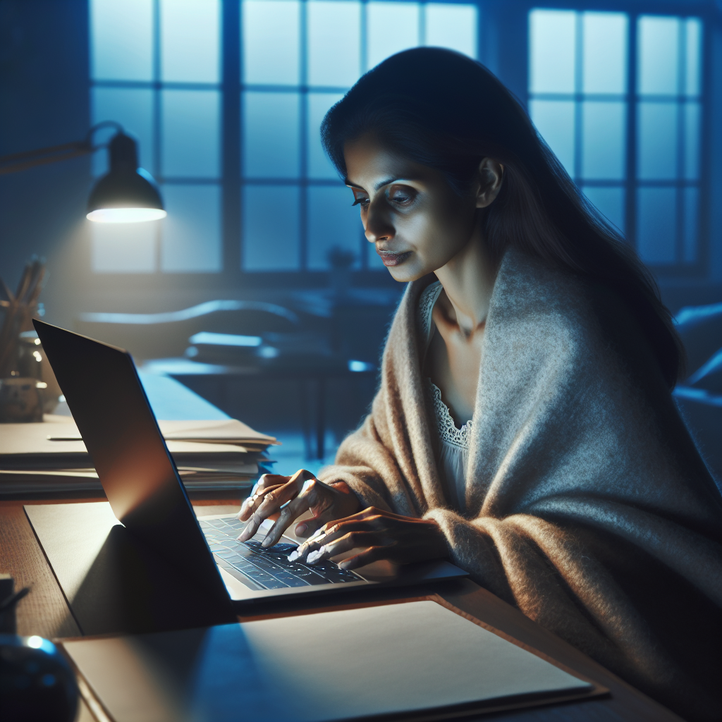Show a calm, 30-year-old woman, comfortably wrapped in a blanket, sitting at a desk and using a laptop in a room with soft light, surrounded by a peaceful tranquility — she's taking control of her digital wellbeing.