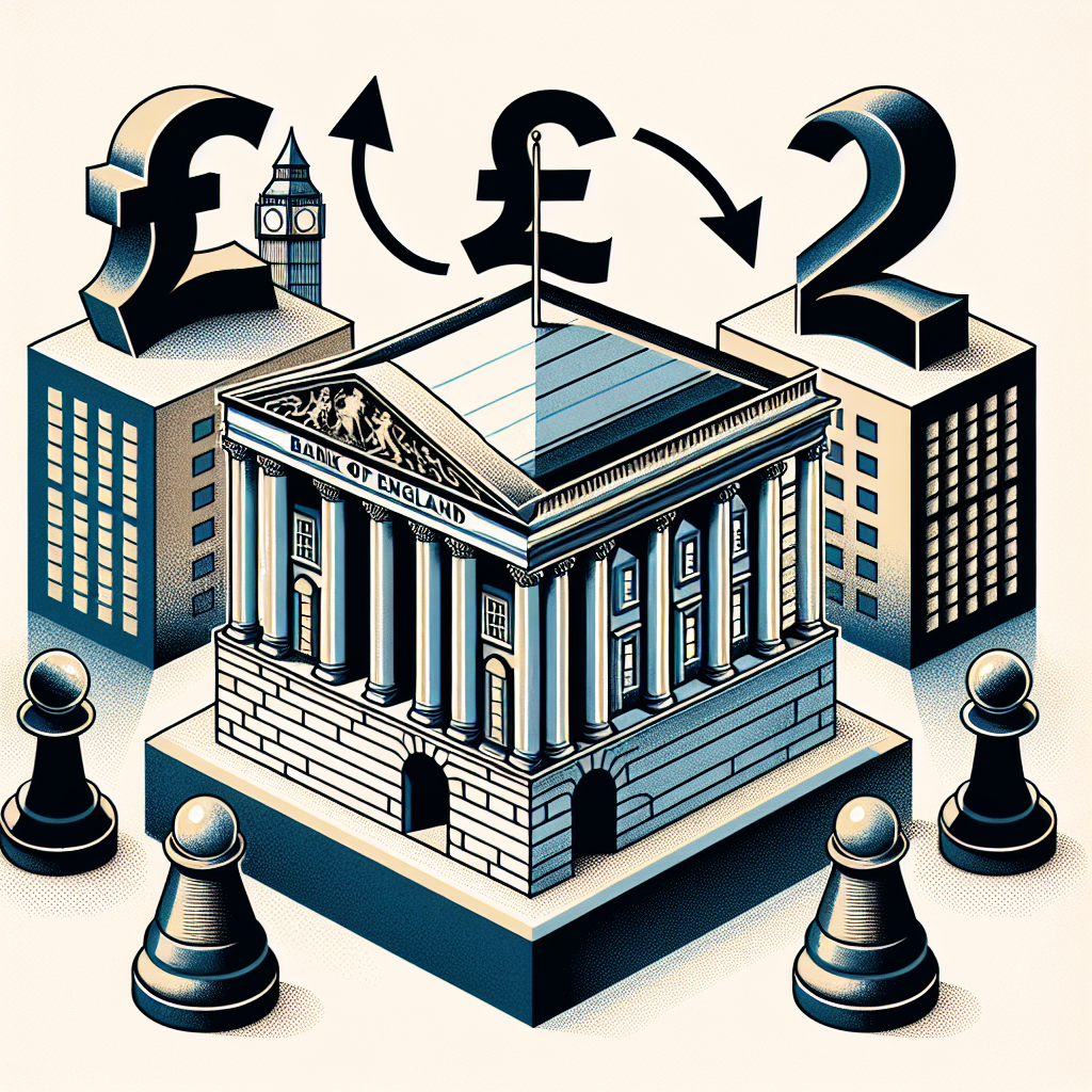 Create an image representing the Bank of England. It can include symbolic elements like the bank building, the pound sterling symbol, or a downward arrow to symbolize the cut in interest rates. Tie these components together with clear links to the idea of a trade war - such as a globe or an international chessboard, reflecting the strategic, global nature of trade disputes.