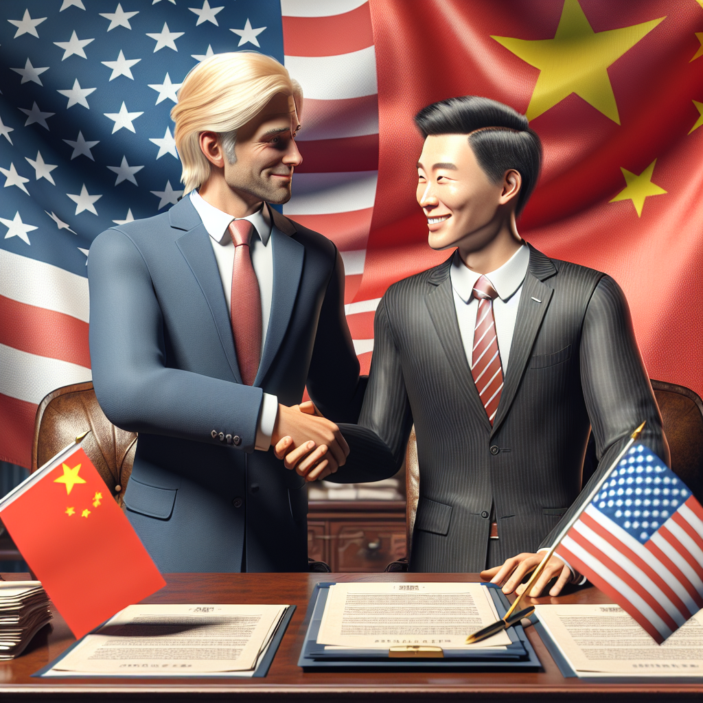Create a realistic, DALL·E-style image of Donald Trump and a Chinese representative shaking hands over a table filled with documents. Trump should look content, while the Chinese representation shows a satisfied smile. Both flags should be visible in the background. Make sure the image shows a positive, cooperative atmosphere.