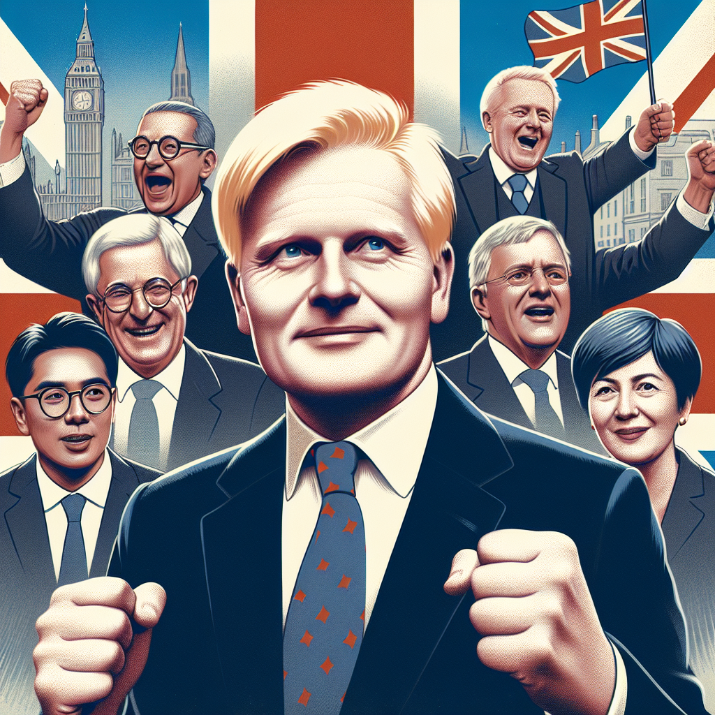 Create a realistic, visually rich image depicting Donald Trump and UK officials celebrating the trade deal. The central figures should be recognisable and their expressions triumphant. The background should depict the hints of national flags or landmarks to establish context without any explicit text