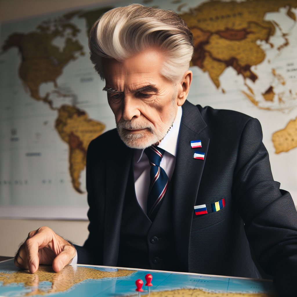 A focused Donald Trump, 75, white, with his signature suit and narrow tie, studying a world map, with markers on the United States, Ukraine, Russia, and Turkey.