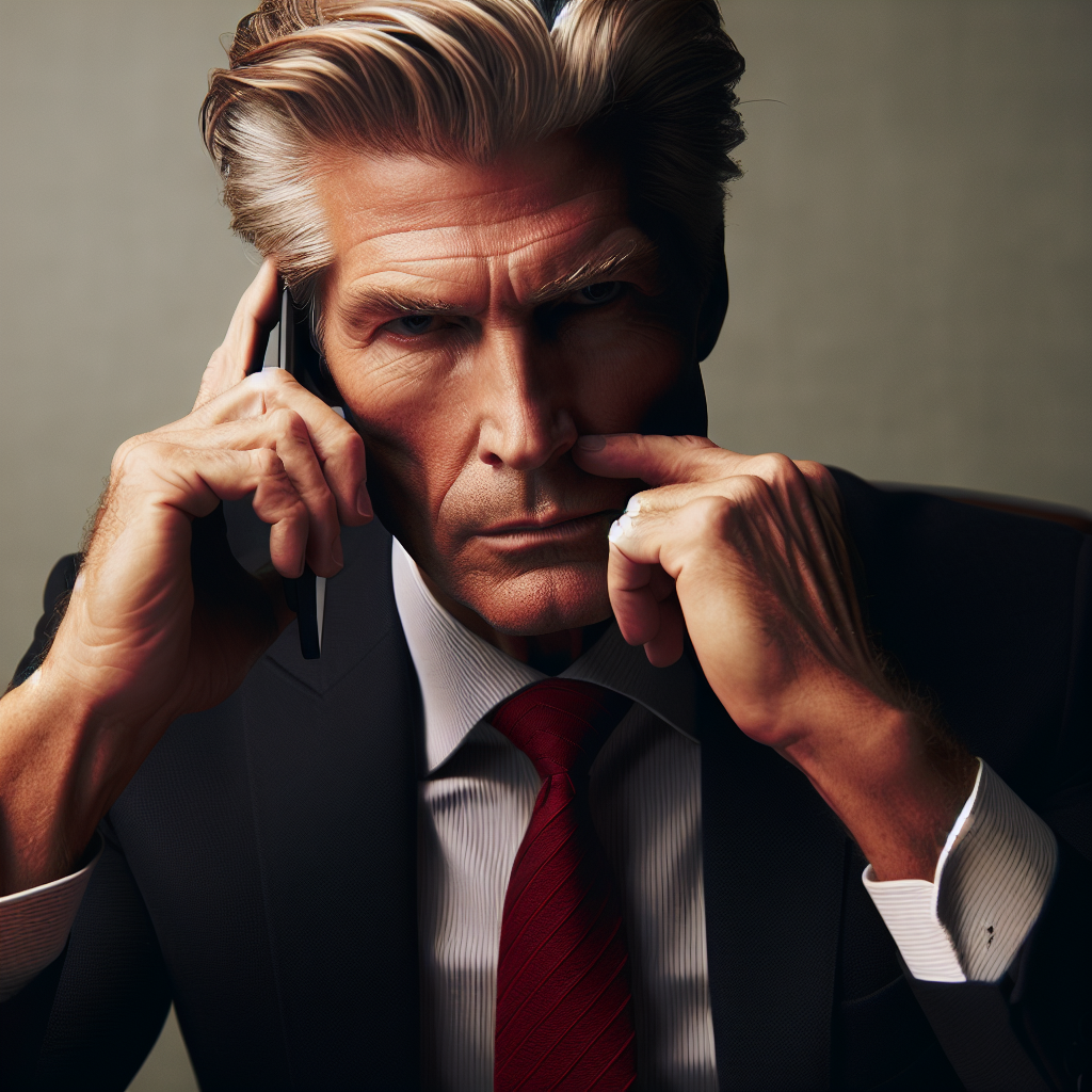 An intense Donald Trump, 75, Caucasian with distinctive blonde hair, sitting at his desk, phone in hand. He wears a dark suit and red tie, furrowed expressions reflecting his focused determination.