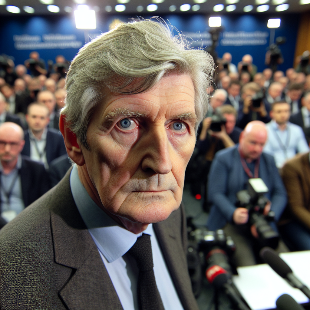 In a packed press conference room, 60-year-old Simon Coveney, the Irish Foreign Minister, expresses his concern about the delayed ceasefire talks. His light blue eyes show a mix of determination and worry, and his business suit underscores the seriousness of the situation.