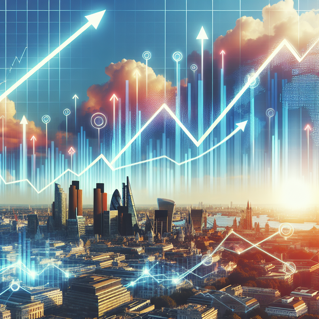 Create a DALL·E-style image of the London skyline with economic growth symbols — such as upward arrows and graphs — integrated into the cityscape. Set the scene against a backdrop of a bright, sunny day to convey a positive narrative.