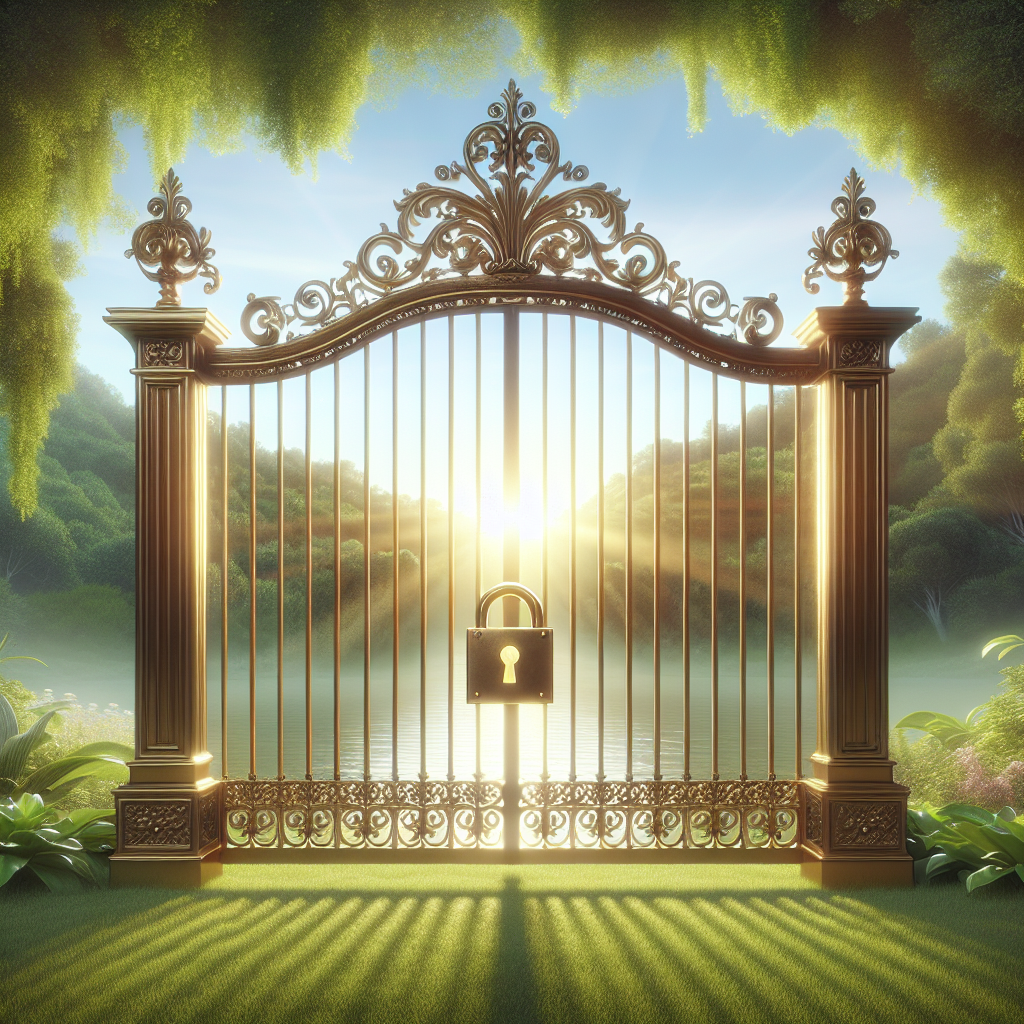 In the image prompt, visualise a symbolic representation of a gateway being unlocked. The scene displays a large, antique brass gate placed in a serene, green landscape. The gate stands ajar, its huge lock clicked open. Rays of dawn light seep through the opening, indicating a fresh start and hopeful future.