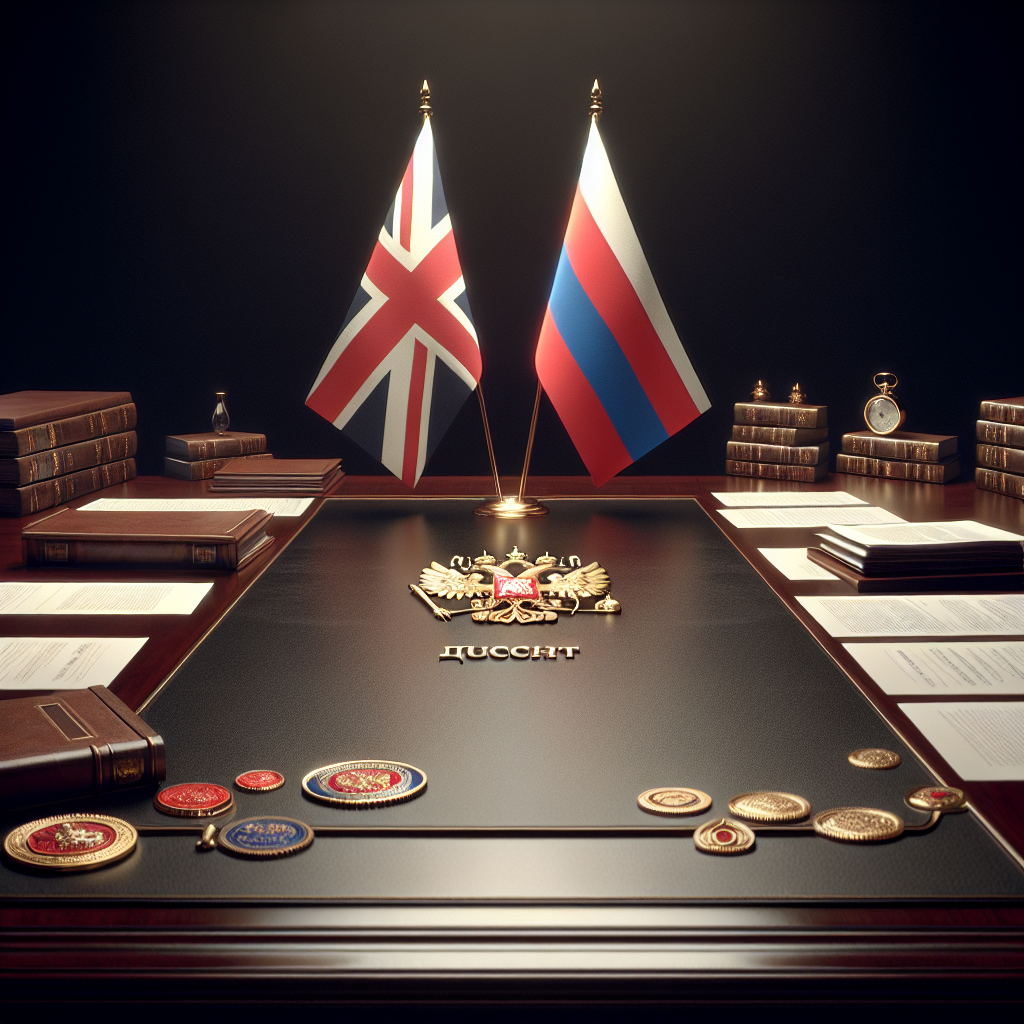 Create a realistic, visually rich image of the Union Jack and the Russian flag at crossroads, symbolising the confrontation. The scene should take place in an official setting, with documents and official seals lying on a polished wooden desk in the foreground.