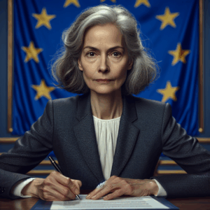 Susan, a 50-year-old British diplomat with greying hair and a stern expression, stands in front a large EU flag, signing the newly announced sanctions. She is formally dressed with a neat navy suit, looking focused and resolute.