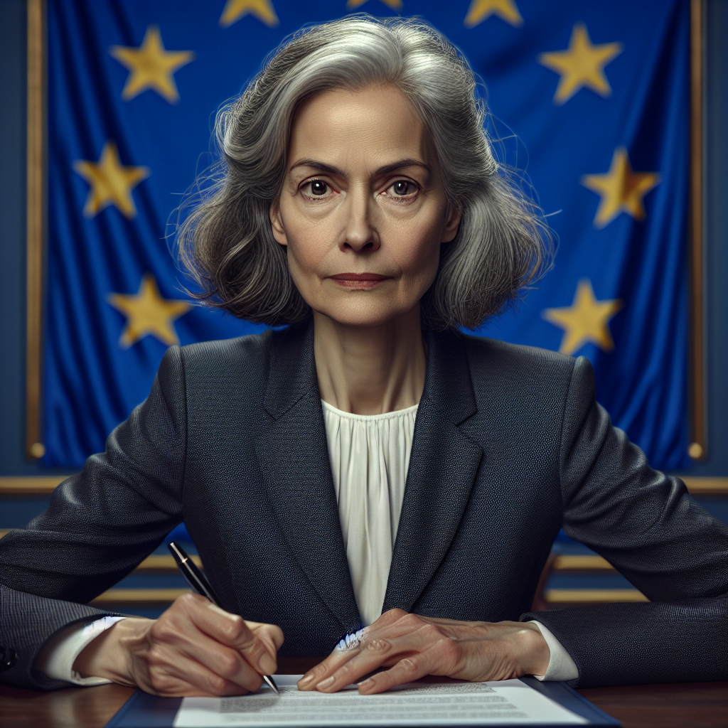 Susan, a 50-year-old British diplomat with greying hair and a stern expression, stands in front a large EU flag, signing the newly announced sanctions. She is formally dressed with a neat navy suit, looking focused and resolute.