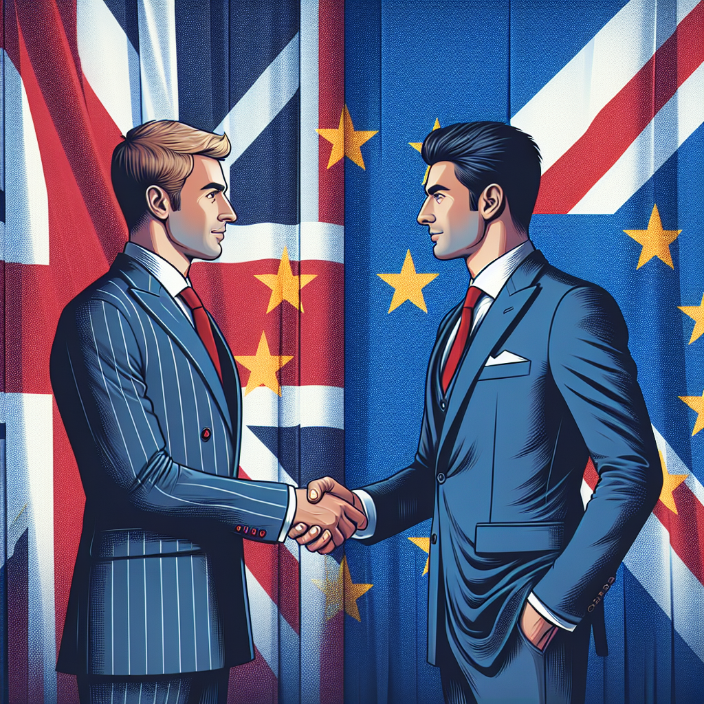 Create an image showing a cordial handshake between officials where one represents the UK and the other the EU. They should be framed against a backdrop of the respective flags of EU and UK. Both officials should be professionally dressed and exude confidence.