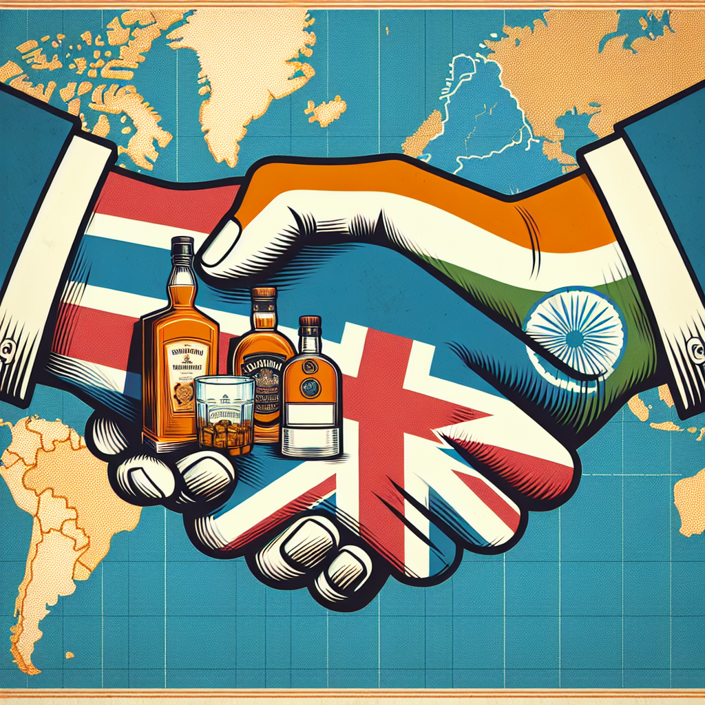 Design an image of a stylized handshake symbolizing the UK India trade agreement, embedded within a geographical map backdrop of both nations. Include symbolic representations of whisky and gin, the prime products under the revised tariffs.