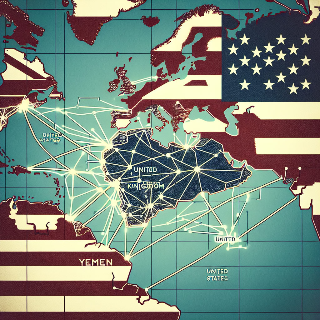 Create an image of a strategic map showing Yemen and the locations of UK and US, depicting a sense of alliance and shared strategy. Keep the colours muted and serious.