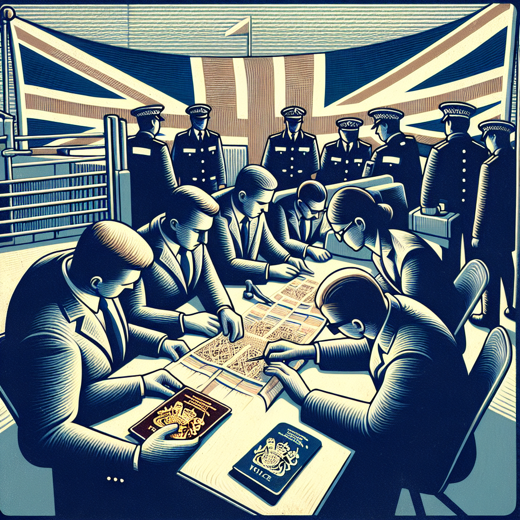 Create a detailed DALL·E-style image showcasing a secure UK border checkpoint showing officials inspecting visa documents. A UK flag fluttering nearby could enhance the context.