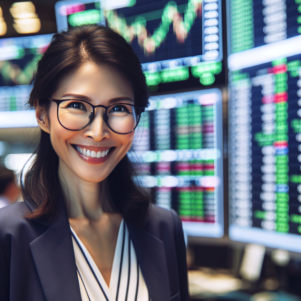 A woman in her mid-30s of Asian ethnicity standing in a bustling trading floor with a smile on her face, looking at screens that show global stock market indices are all in the green. She is wearing a smart business suit and glasses.
