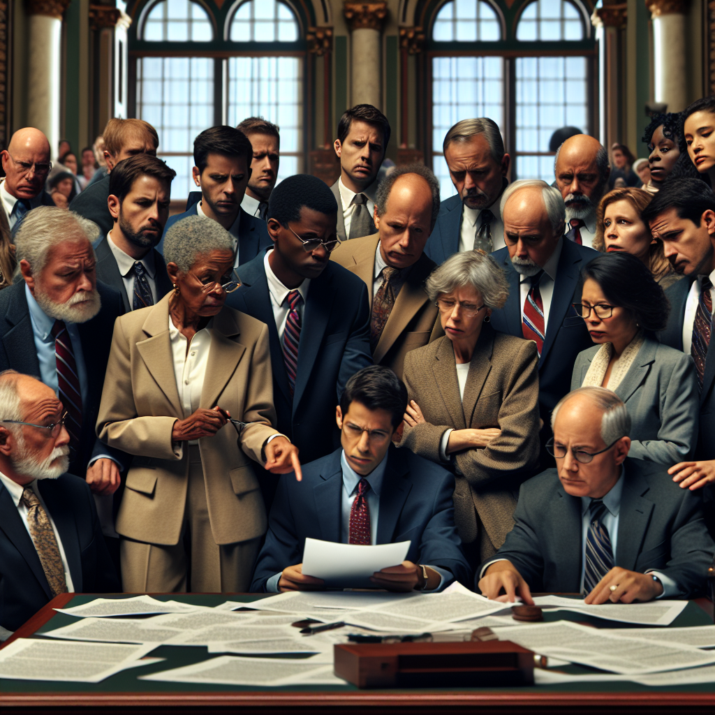 In the crowded chamber of the US Senate, a determined group of senators, diverse in age and ethnicity, gather around a shared document which lays out the proposed legislation to ban presidential involvement in crypto schemes. The atmosphere is tense as they strategize their approach.