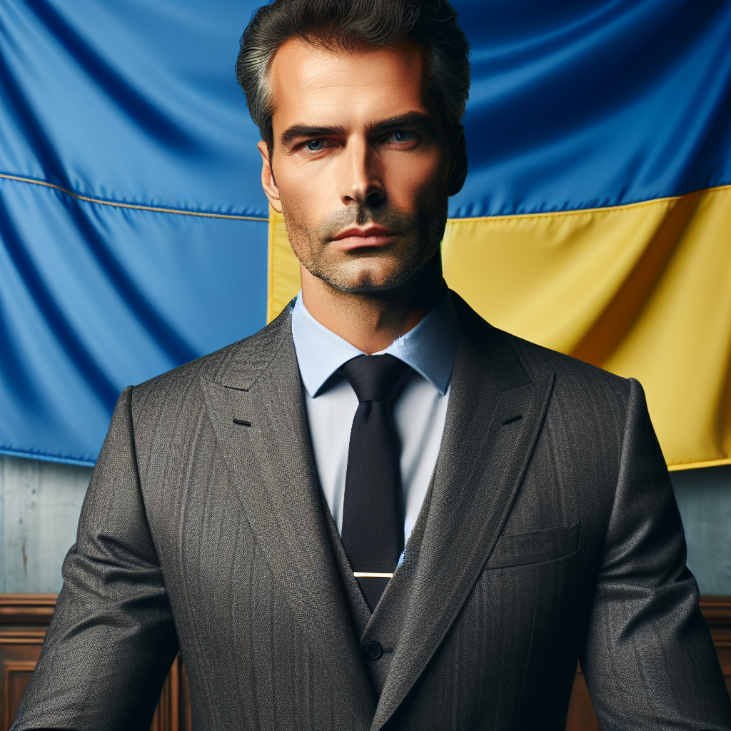 President Zelenskyy, a 43-year-old Caucasian man in a tailored grey suit standing at a podium against the backdrop of the Ukrainian flag. He has a serious expression and is looking determined.