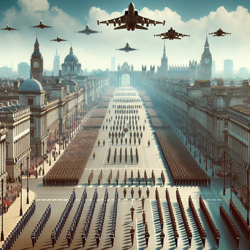 Visualise a majestic procession moving through the broad, lively avenues leading to Buckingham Palace. Rows of regimented soldiers, dressed in immaculate British uniforms, march in harmony. Up above, the RAF performs a flypast, roaring over the London skyline. This backdrop of respect and reflection sets the scene for the VE Day 80 military procession.