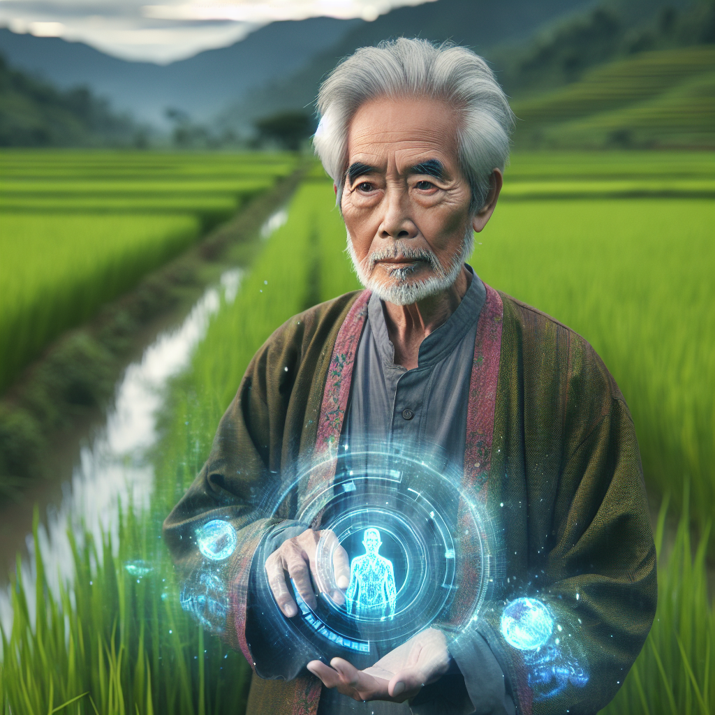 An elderly man, approximately in his 70s, of Asian ethnicity, in simple farming clothes, is standing in the midst of an expansive rice field. His gaze is transfixed on a futuristic device in his hand, showcasing holographic images of a distant galaxy and ancestors resembling humanity.