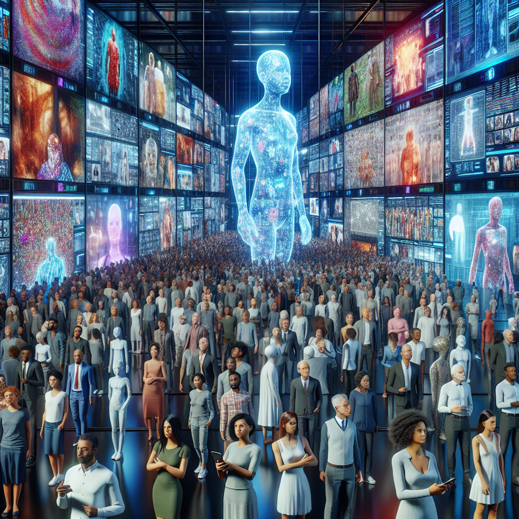 A diverse group of lifelike holographic humans of all ages and ethnicities, gathered in a large, high-tech memory vault. The vault is filled with floating, interactive displays showing snapshots of human culture, history, and personal memories.