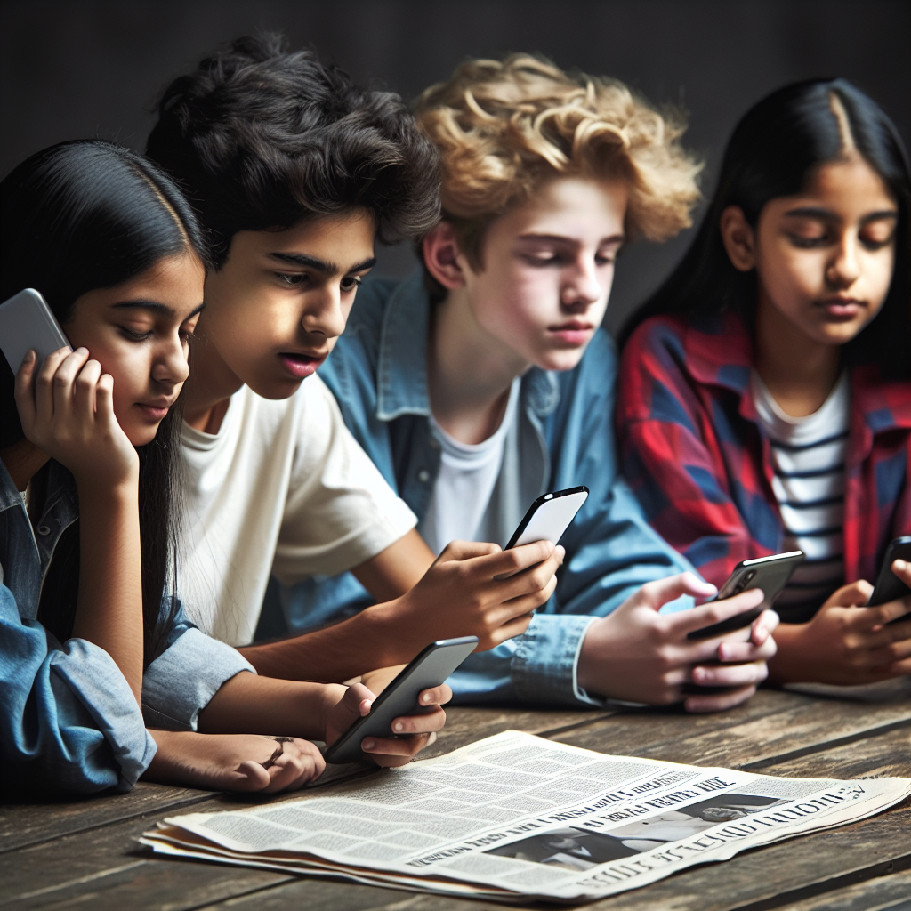 A group of diverse teenagers intensely engaging on their smartphones while a newspaper with the headline 'World Press Freedom Day' lies on a nearby table.
