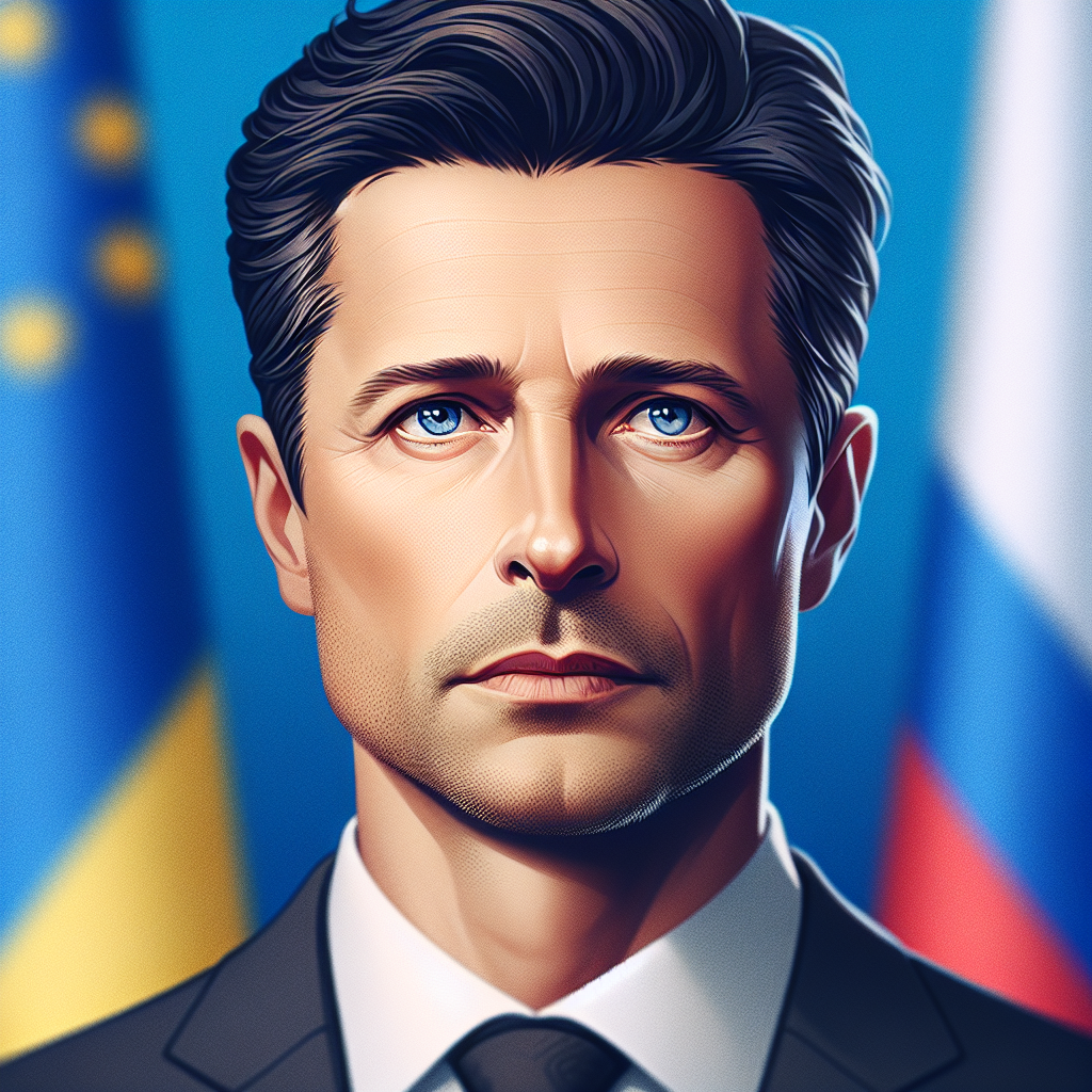 Ukrainian President Volodymyr Zelensky, 43 years old, with fair skin, short dark brown hair, and blue eyes, looks determined and resolute. He's dressed in a formal suit while standing on a stage with the flags of Ukraine and Russia in the background.