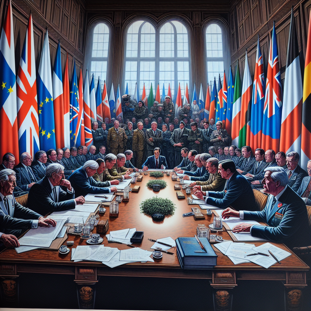 A tense negotiation table with various national flags, symbolising UK, EU and Russia. Everyone and everything at the scene depict a serious, diplomatic environment.