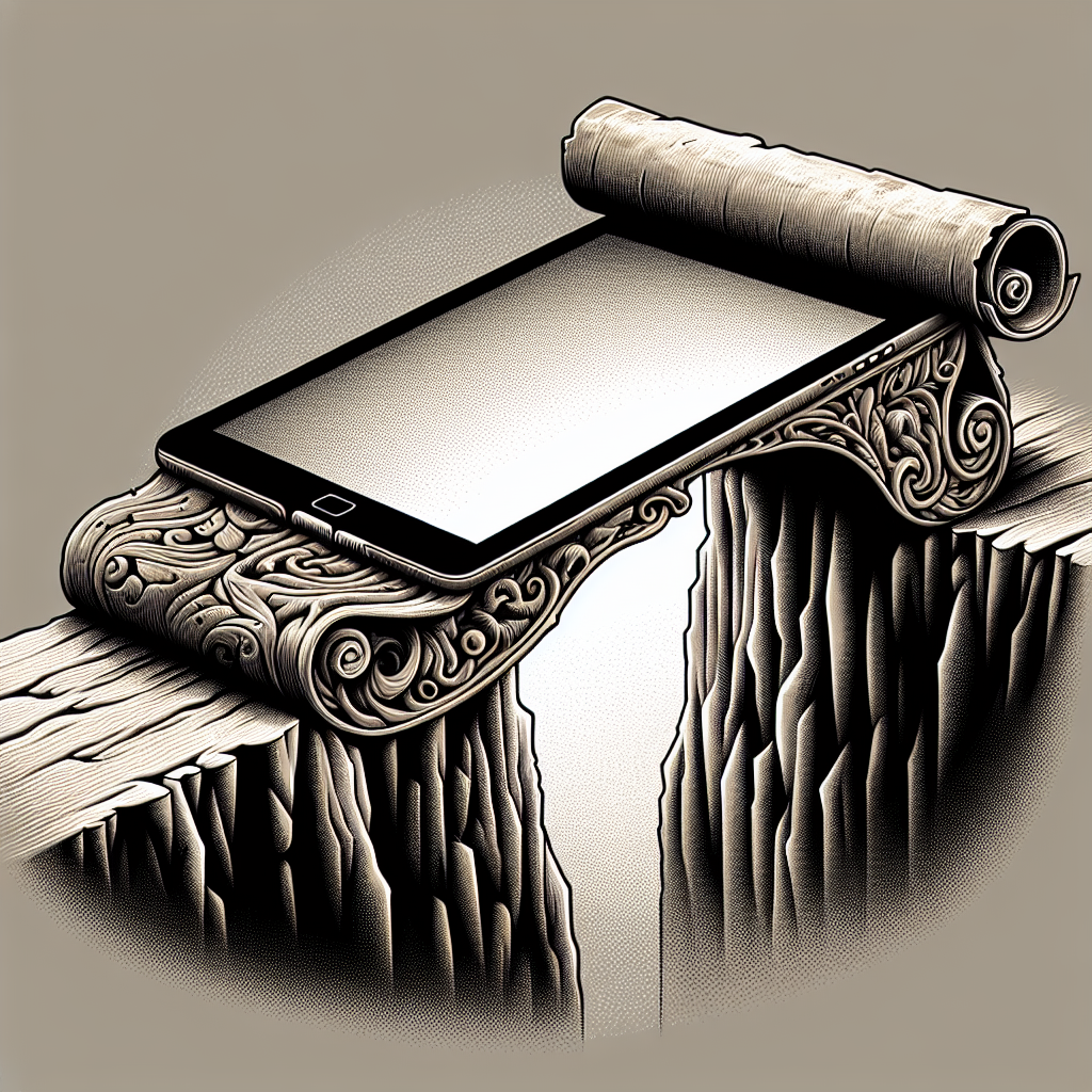 Imagine a bridge merging ancient scroll with a modern tablet, symbolising the union of old wisdom with digital age.
