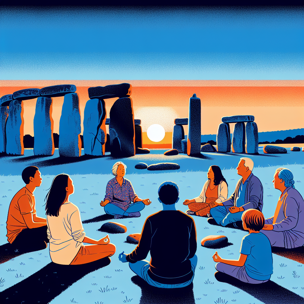 Draw a serene twilight scene at Stonehenge, where individuals of various ages are meditating and absorbing the setting sun's energy. The sky transitions from a vibrant orange to deep indigo, symbolising the shift in energy that comes with the solstice.