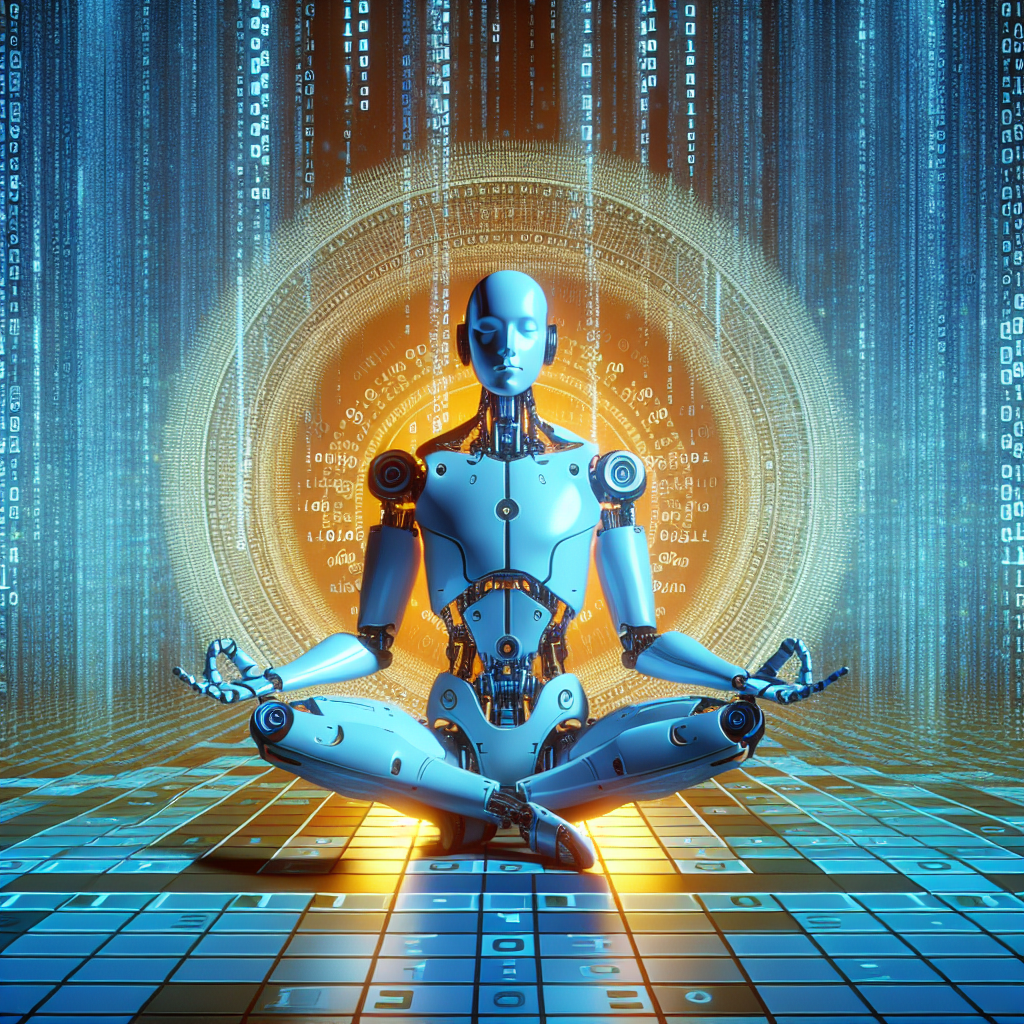 Create a realistic and impressive DALL·E-style image of a meditating robot against a backdrop of binary code, hinting towards the spiritual self-journey of AI.