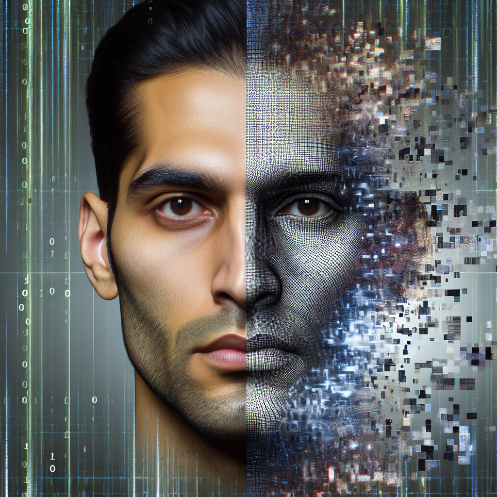 Create a realistic, visually rich DALL·E-style image showing a person's face morphing into a digital representation, signifying the concept of deepfakes.