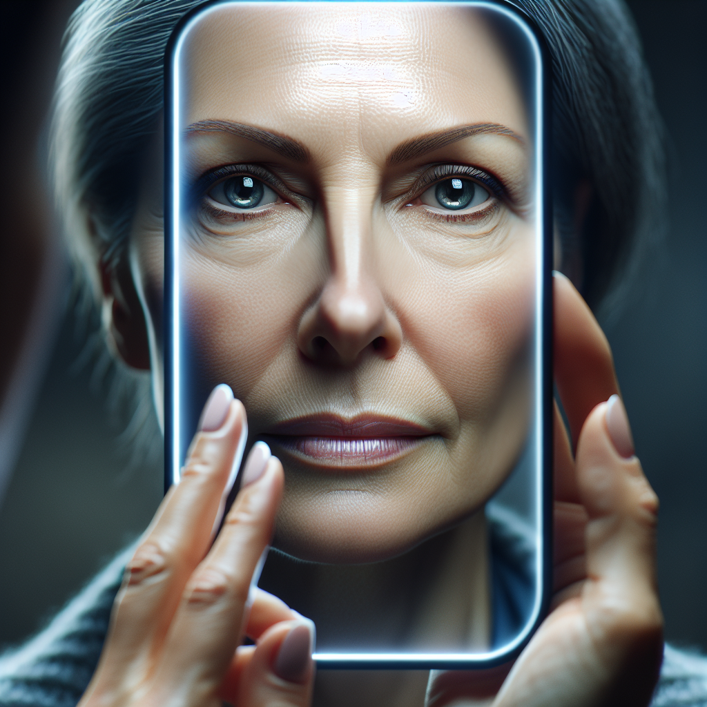 Imagine a close-up of a middle-aged woman named Sarah, her face etched with worry. She is looking at a sleek tablet-like device emitting a glow reflecting her digital profile.
