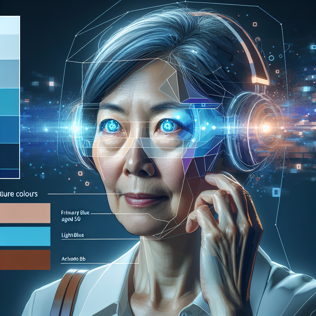 Visualise a middle-aged woman, Anna (50, Asian, wearing futuristic VR equipment), her eyes reflective with digital constellations, completely immersed in the mind downloading process.