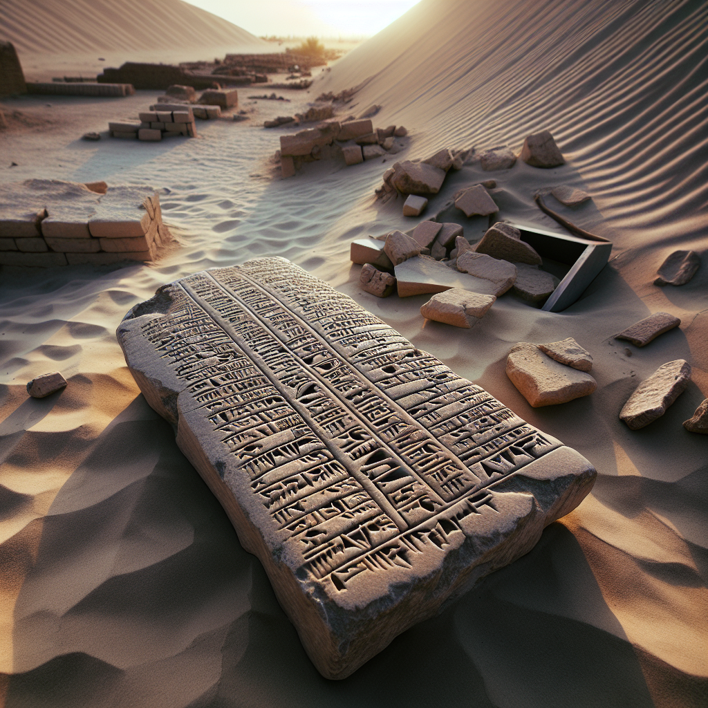 A time-worn stone tablet covered in ancient Sumerian cuneiform, the earliest known form of written communication, lying on a sand-ridden archaeological site.