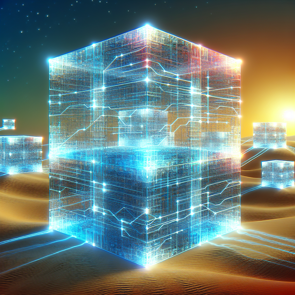 Visualise a luminous chain of blocks, each transparent, revealing lines of code within. The chain stretches from foreground to horizon, symbolising the endless potential of blockchain.