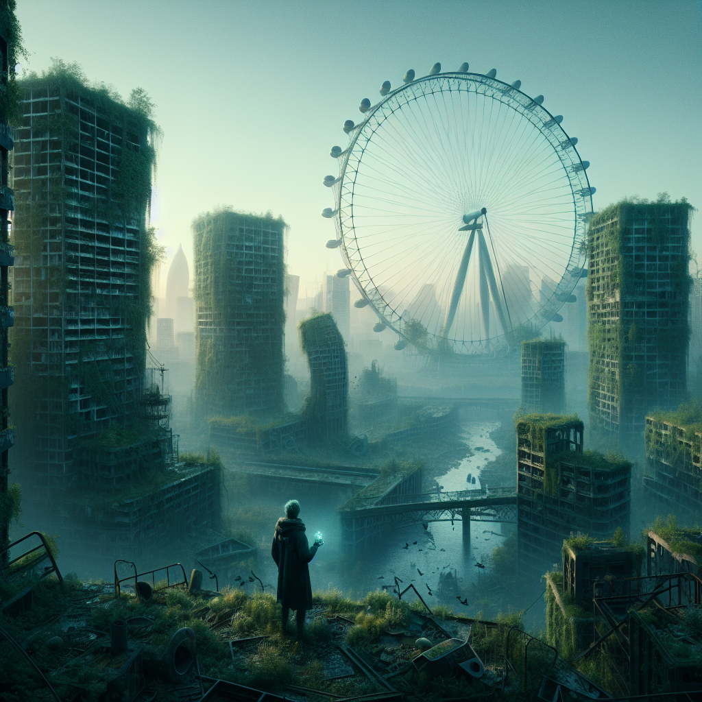 A desolate and abandoned cityscape of London with green vegetation overgrowing iconic structures like the London Eye, in the dim glow of dawn. A lone figure, donned in futuristic attire, stands amidst the ruins, gazing at a tiny device in his hand that sparkles with a bluish hue.