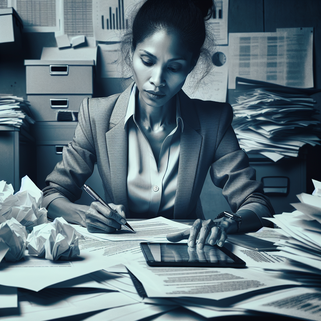 A small business owner, mid 30s, multi-ethnic, sits at her office desk. Papers scattered, she's juggling various tasks: taking handwritten notes, checking social media on her tablet. She looks frustrated and overwhelmed.