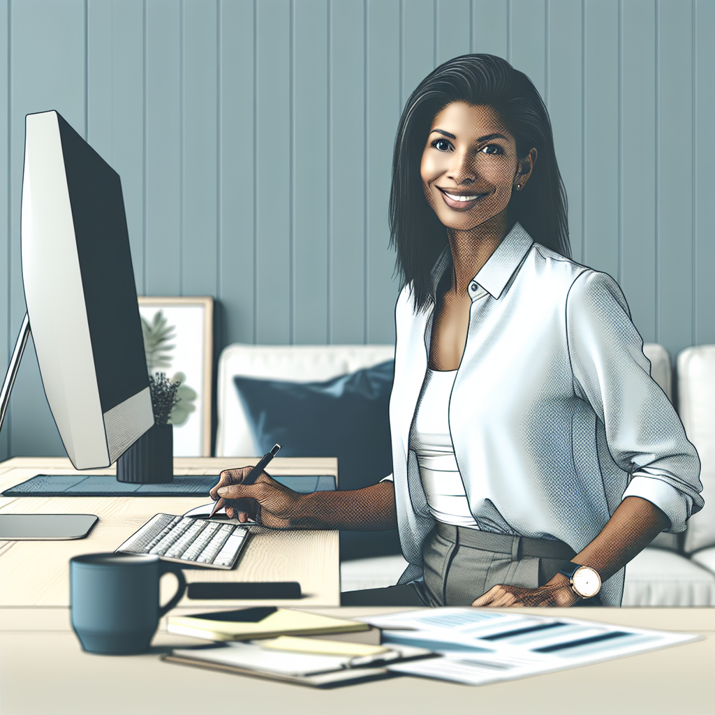 An energetic, middle-aged consultant at her home office, using her computer and organising her work schedule. She looks confident and is of mixed race, dressed in smart casual attire, next to is a coffee cup and some notes.