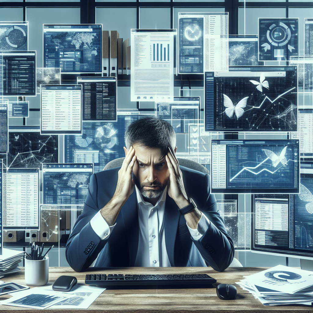 A busy solopreneur, sitting in a home office, surrounded by multiple screens showcasing emails, social media posts, and analytics. They look stressed and overwhelmed.