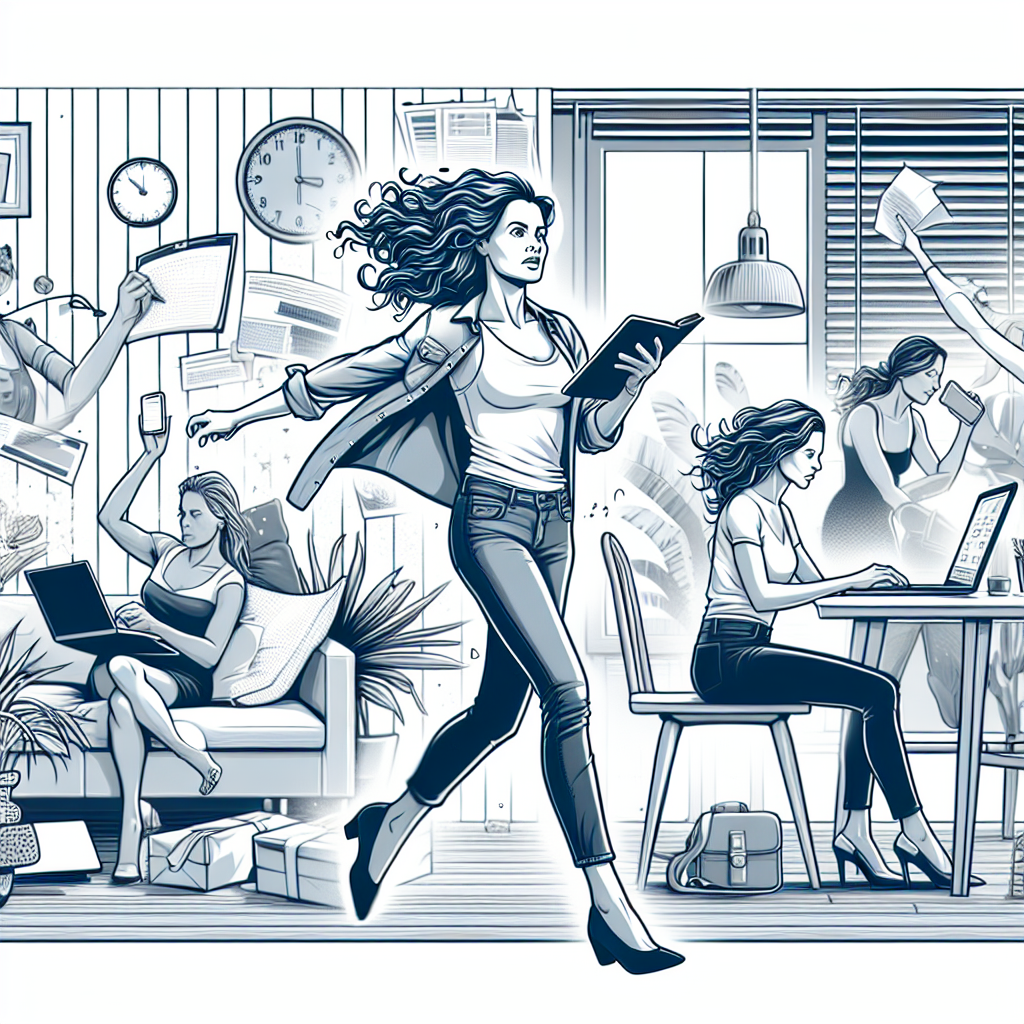 Picture a busy solopreneur in their home office, juggling multiple tasks. She is in her early 30s, multi-ethnic, casually dressed, looking stressed as she stares at her laptop screen while keeping an eye on her smartphone.