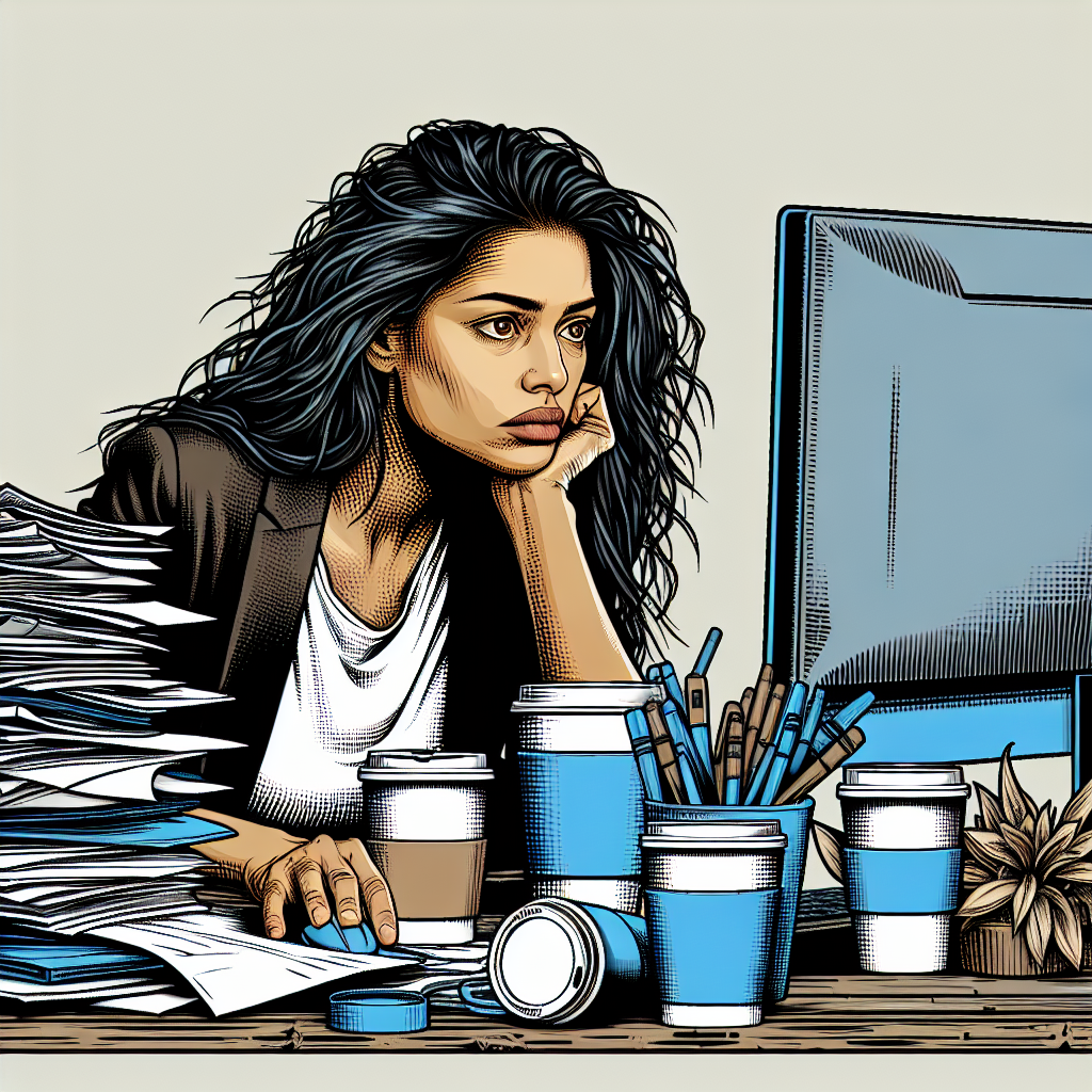 A beleaguered solopreneur, late-30s, multi-ethnic, sitting at a desk cluttered with paperwork and coffee cups. Expression is weary but hopeful as she looks at a computer screen, beckoning the viewer to also look.