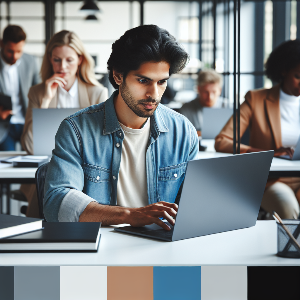 A dedicated data scientist is seen working on his laptop, meticulously examining algorithm results. He sits in a modern open space office full of youthful, diverse professionals also focused on their work.