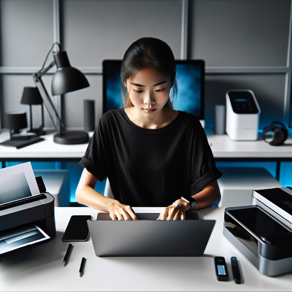 A young woman sits in a modern, minimalist home office, intensely focused on her laptop. Various high-tech devices around her seem to be working simultaneously.