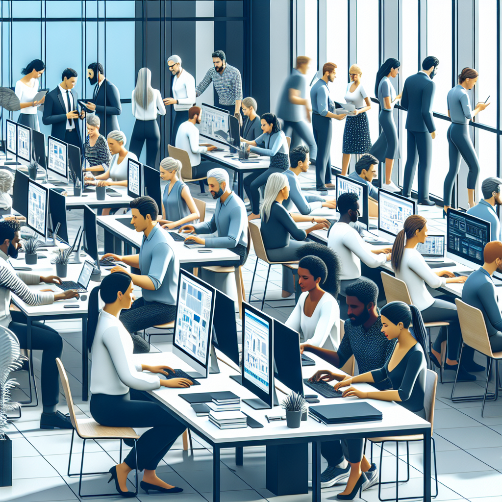 A busy modern office scene: diverse employees, aged between 20-35, are working diligently on their computers. Some are discussing ideas; others are reviewing their up-to-date blogs and social media accounts.