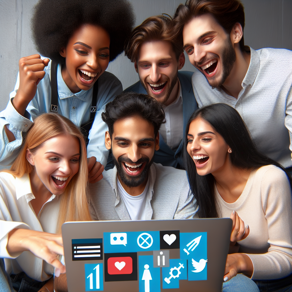 A diverse team of young professionals, huddled around a laptop, reviewing content on various platforms. They appear confident and excited about a new strategy.