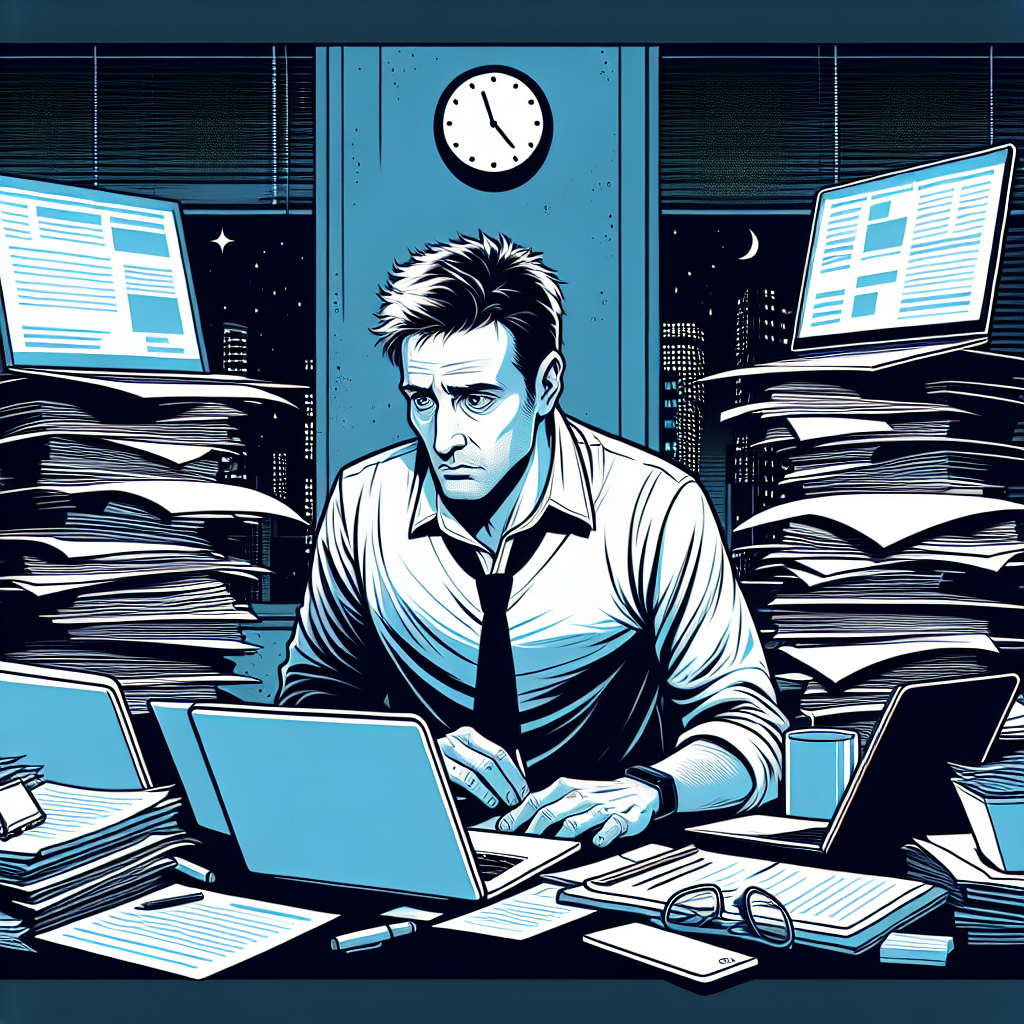 A weary-looking solopreneur, in his mid-30s, surrounded by stacks of paperwork and various screens with unfinished tasks, glancing at the clock late at night.