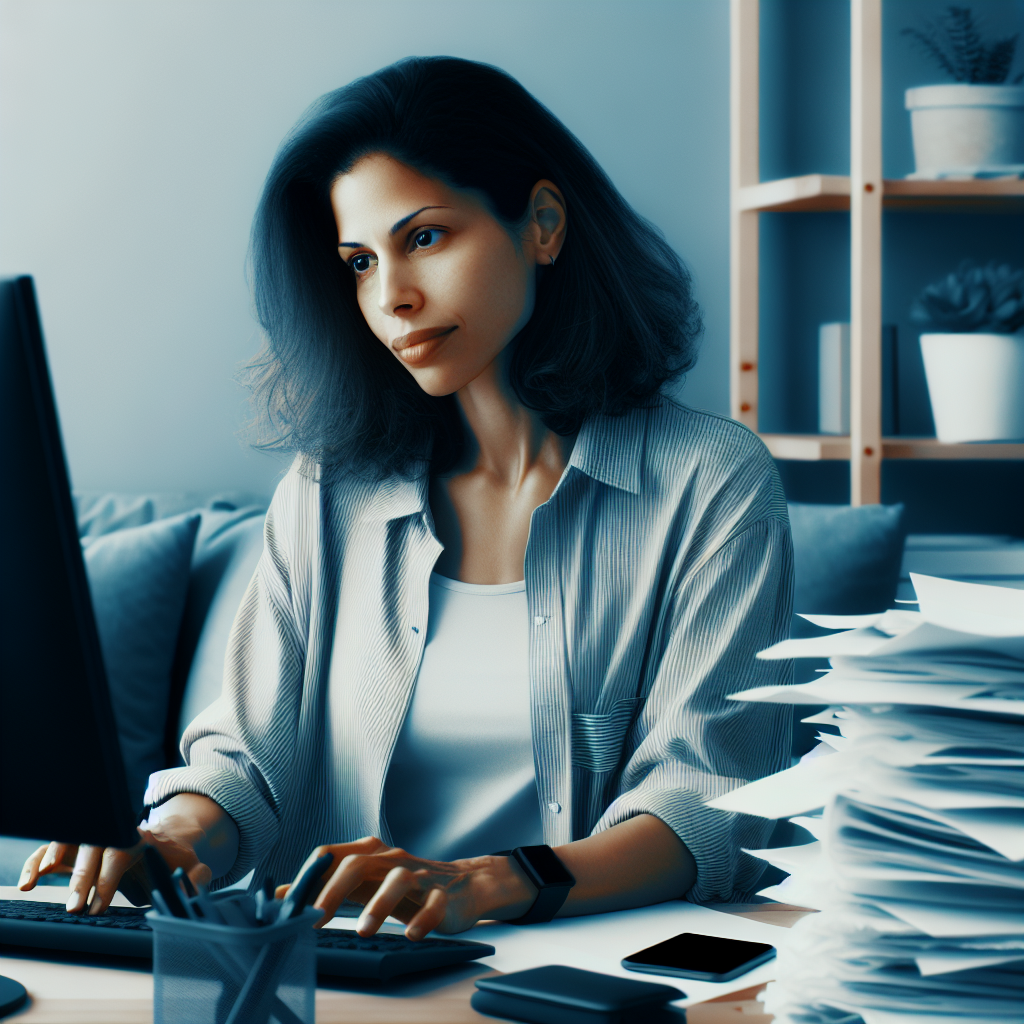 A young solopreneur, a woman in her 30s of mixed ethnicity, sits at a cozy home office overflowing with paperwork. Her focused expression lights up as she interacts with her computer using AI automation software.