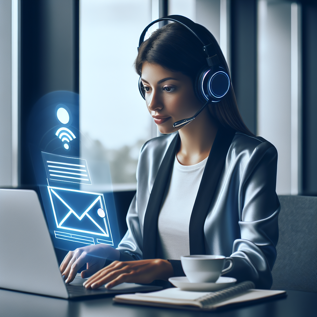 A young professional working at a modern office with a pair of headphones, intently setting up newsletter automation on their laptop with the help of AI Chats.
