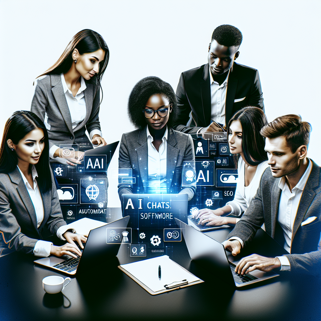 A young, diverse team of professionals engaged in an AI Chats workshop. They're learning to streamline their SEO efforts using automation tools